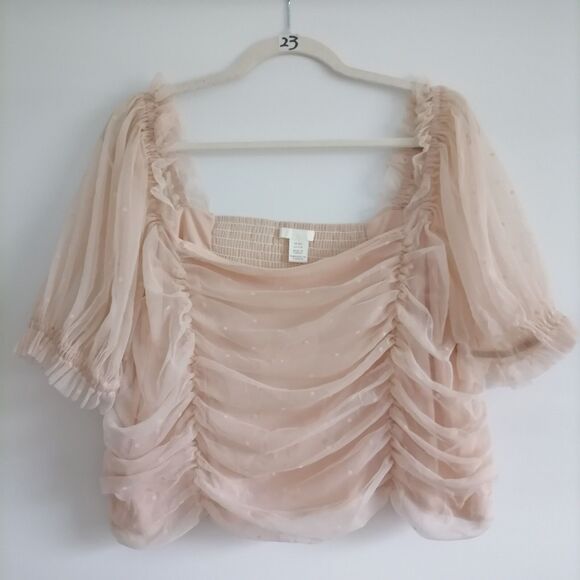 H&M Womens Cream Puff Sleeve Swiss Dot Smocked Crop Blouse Top Size XXL - Picture 1 of 9